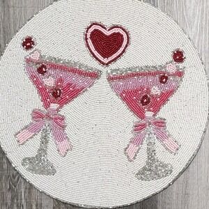 Valentines Day Pink Red Hearts Bows‎ Martini Beaded Charger Placemats 2 Pc 15"